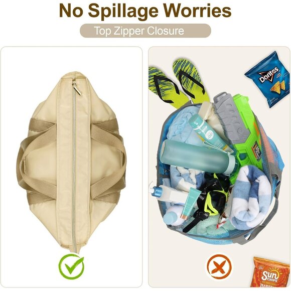 Women's Beige Vacation Waterproof Sandproof With Zipper Mesh Pockets Beach Bag - Picture 7 of 8